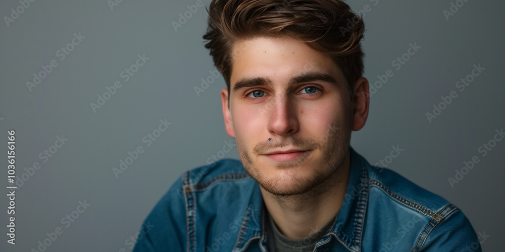 Portrait of a Young Man in a Denim Jacket Against a Neutral Background Portrait of a Young Man in a Denim Jacket Against a Neutral Background