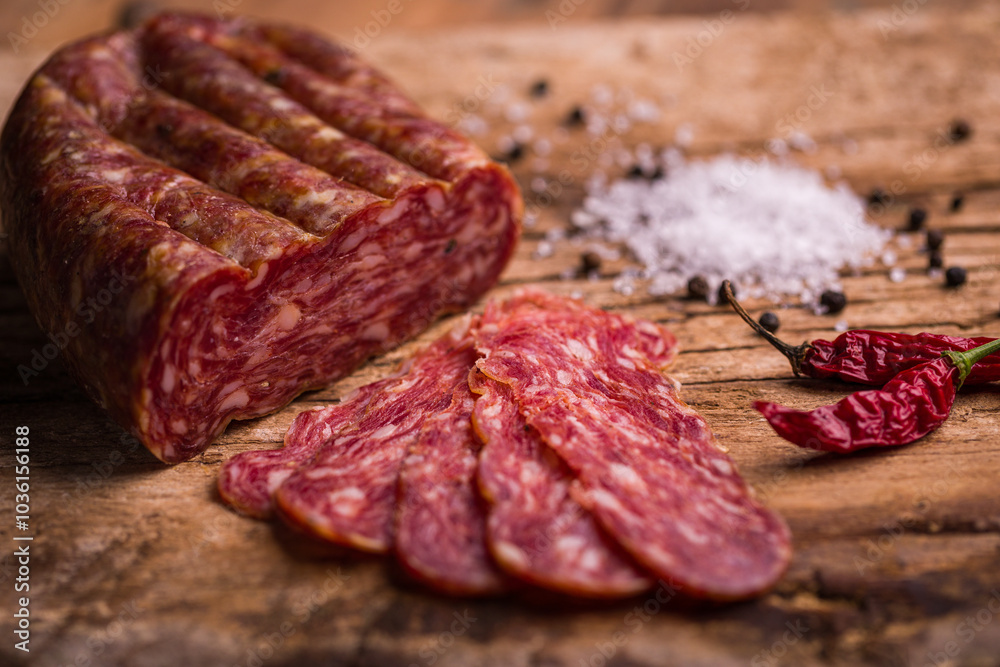 Rustic Salami Slices with Peppercorns and Sea Salt Rustic Salami Slices with Peppercorns and Sea Salt