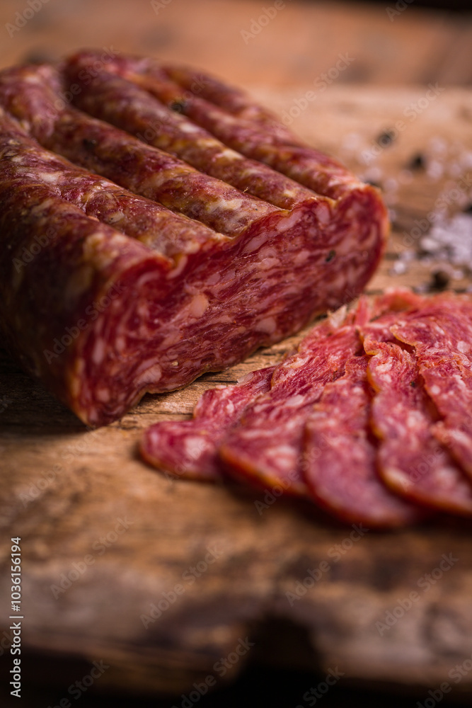 Rustic Artisan Salami Slices on Wooden Cutting Board Rustic Artisan Salami Slices on Wooden Cutting Board