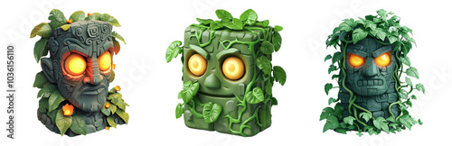 PNG Ancient Statues Surrounded by Mystical Nature Vines, 3D icons and objects collection, in cartoon style isolated on transparent background