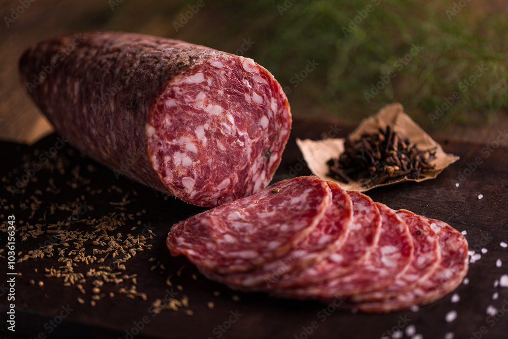 Delicious Slices of Salami on Rustic Wooden Board Delicious Slices of Salami on Rustic Wooden Board