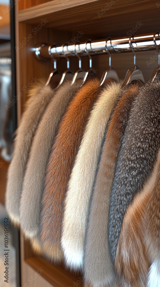 Fur coats are elegantly hung on a black metal rack in a minimalist space, showcasing diverse colors and textures against a brown wall Fur coats are elegantly hung on a black metal rack in a minimalist space, showcasing diverse colors and textures against a brown wall