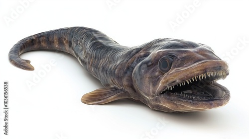 hagfish swims gracefully showing off its distinctive elongated body jaw structure and unique skin texture against a plain white background. photo