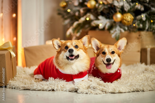 Two adorable welsh corgi dogs sitting on soft carpet and looking up near decorated Christmas tree
