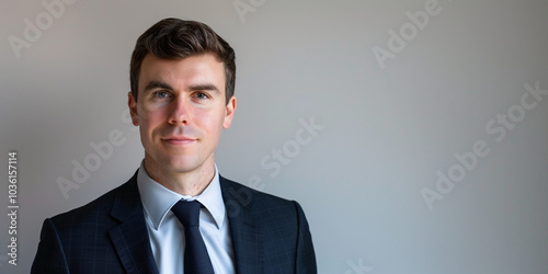 Professional Young Man in Suit Against Neutral Background for Corporate and Business Use photo