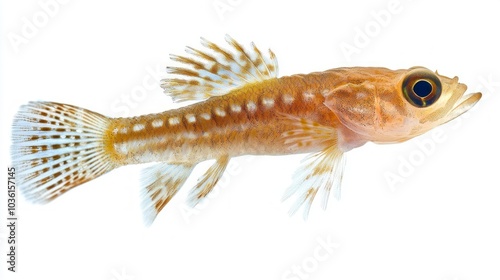 Goby a member of the Gobiidae family showcases its striking patterns and delicate fin structure while swimming freely against a pure white background.