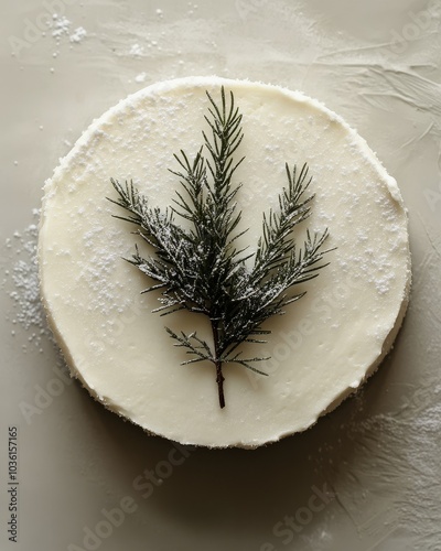 Winter dessert featuring a cream cake with evergreen garnish on a textured plate