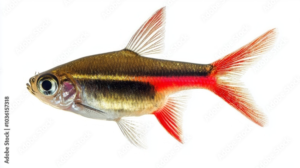 vibrant Glowlight Tetra swims elegantly showcasing its distinctive coloration with a prominent orange stripe along its body all set against a stark white backdrop. vibrant Glowlight Tetra swims elegantly showcasing its distinctive coloration with a prominent orange stripe along its body all set against a stark white backdrop.