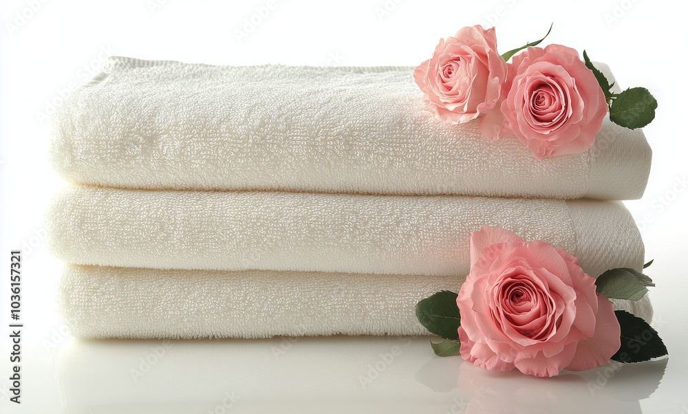 Neatly arranged white towels with fresh pink roses on a soft surface in a serene setting Neatly arranged white towels with fresh pink roses on a soft surface in a serene setting