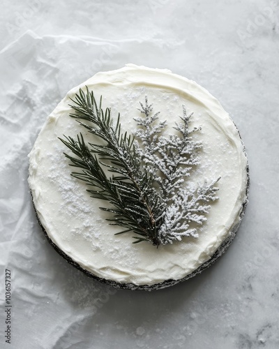 Winter dessert featuring a cream cake with evergreen garnish on a textured plate