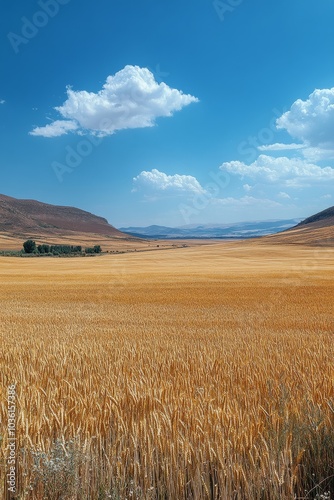 Golden wheat fields under a blue sky with fluffy clouds in the countryside
