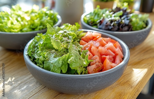 Fresh garden salad with tomatoes and mozzarella served in rustic bowls on a s...