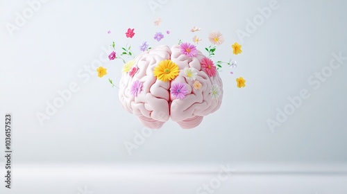 Floating brain surrounded by colorful flowers, creative concept, pastel tones, white background, minimal design, mental health symbolism, floral aesthetic, copy space for text