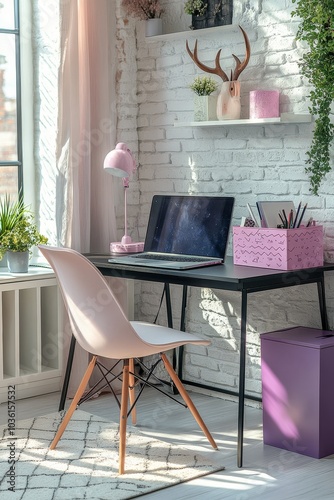 Contemporary workspace with a pink chair and laptop in a bright, stylish room...