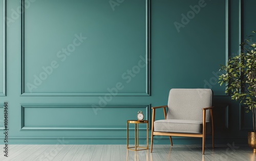 A cozy corner featuring a stylish chair and a side table in a teal colored ro...