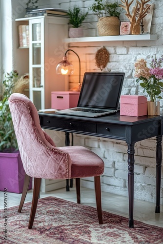 Contemporary workspace with a pink chair and laptop in a bright, stylish room...