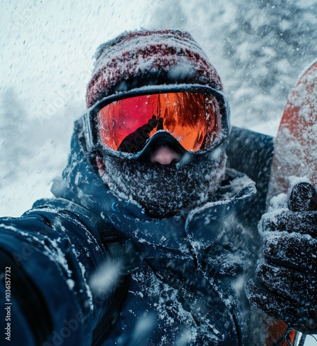 Snowboarder takes a self portrait during a snowy day in the mountains while e...