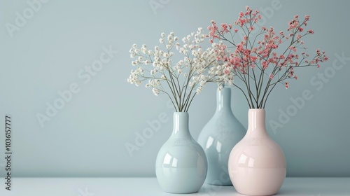 3D illustration of a delicate flower vase with pastel blooms, set against a pale background, capturing soft and serene tones