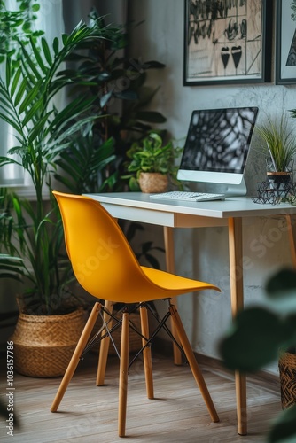 Bright yellow chair beside a modern desk in a stylish home office with plants...