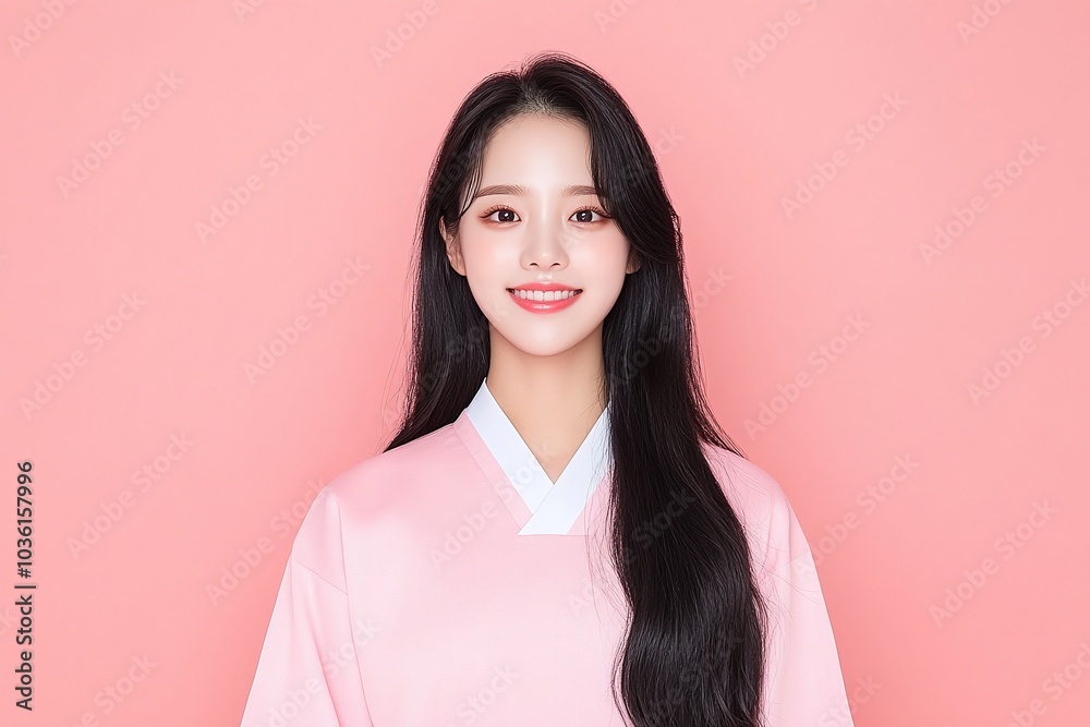 Smiling woman in traditional pink attire, minimalist aesthetic, pastel pink background, cheerful expression, cultural portrait, vibrant design, soft lighting, copy space Smiling woman in traditional pink attire, minimalist aesthetic, pastel pink background, cheerful expression, cultural portrait, vibrant design, soft lighting, copy space