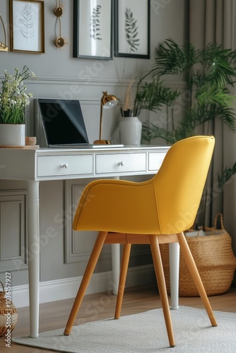 Bright yellow chair beside a modern desk in a stylish home office with plants...