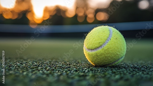 A close up of a bright yellow tennis ball resting on a court during sunset wi...