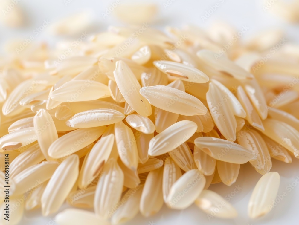 A close-up of uncooked Arborio rice grains on a white background A close-up of uncooked Arborio rice grains on a white background