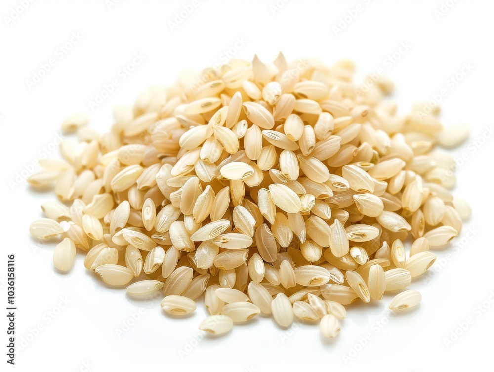 A close-up of uncooked Arborio rice grains on a white background A close-up of uncooked Arborio rice grains on a white background