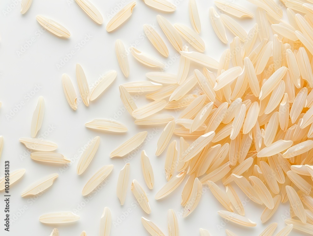 Obraz premium A close-up of uncooked Arborio rice grains on a white background