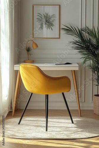 Bright yellow chair beside a modern desk in a stylish home office with plants...