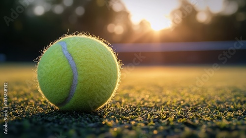 A close up of a bright yellow tennis ball resting on a court during sunset wi...
