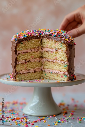 Colorful layered cake topped with sprinkles on a white cake stand with party ...