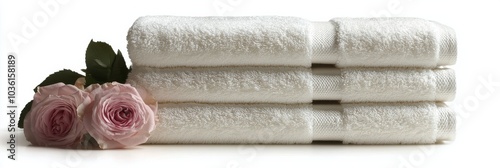 Soft white towels stacked neatly with pink roses on a gray background, perfec...