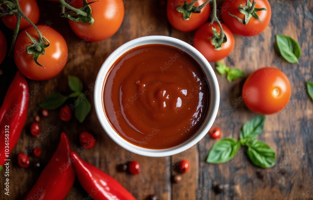 Rich tomato sauce surrounded by fresh tomatoes and herbs on a rustic wooden surface Rich tomato sauce surrounded by fresh tomatoes and herbs on a rustic wooden surface