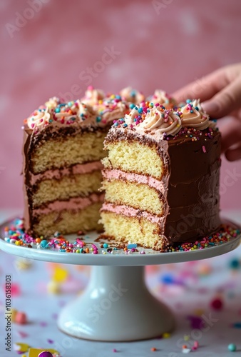Colorful layered cake topped with sprinkles on a white cake stand with party ...