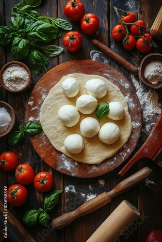 Preparing homemade pizza with fresh mozzarella and herbs on a wooden board in...