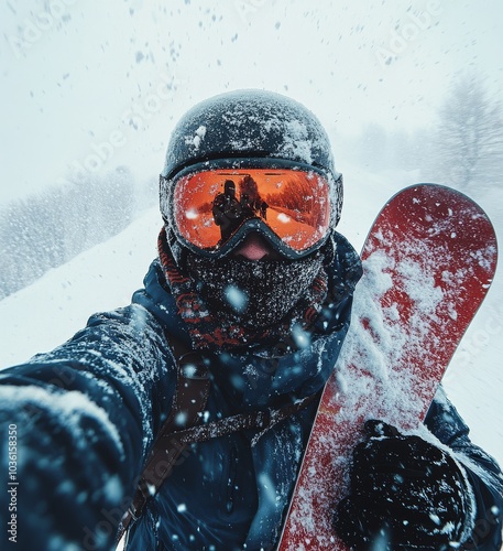 Snowboarder takes a self portrait during a snowy day in the mountains while e...
