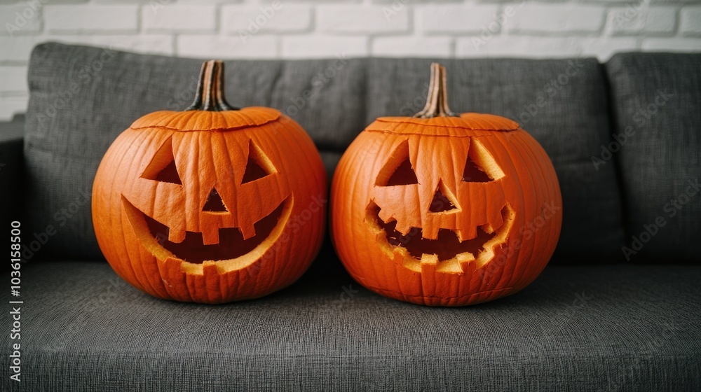 Two Carved Pumpkins on a Gray Sofa Two Carved Pumpkins on a Gray Sofa