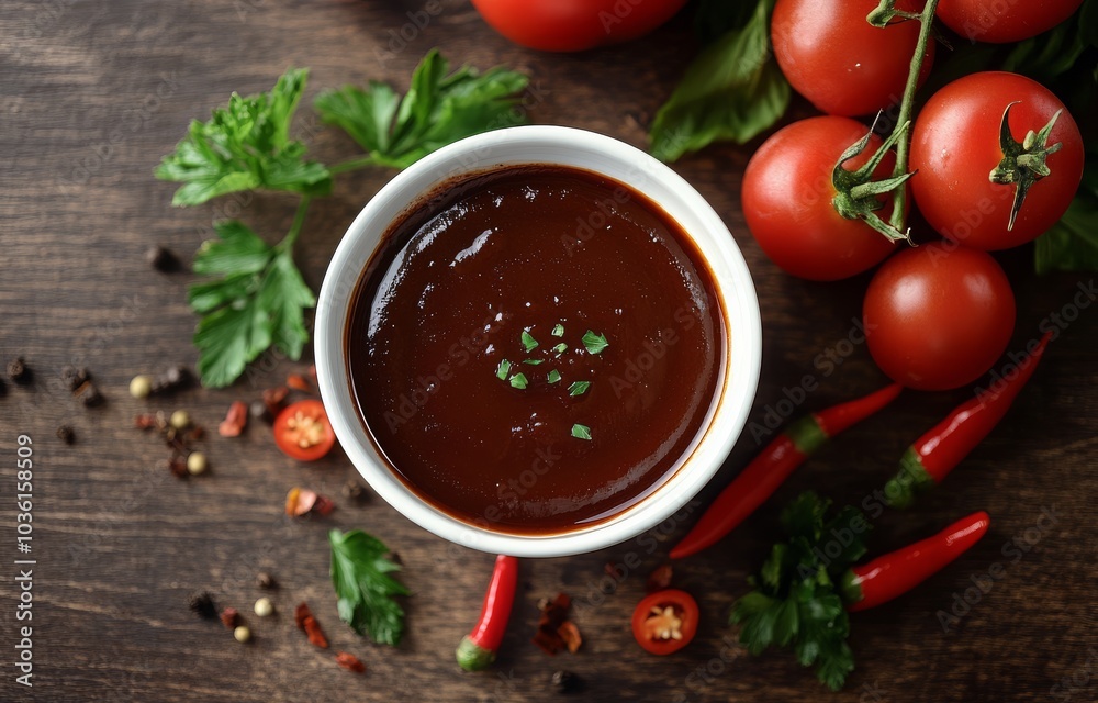 Rich tomato sauce surrounded by fresh tomatoes and herbs on a rustic wooden surface Rich tomato sauce surrounded by fresh tomatoes and herbs on a rustic wooden surface