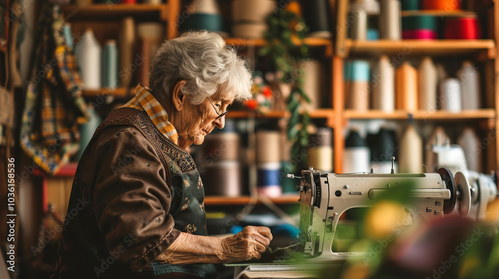 Senior Caucasian Woman Working Intently on Sewing Machine in Cozy Workshop. Concept of Creativity, Craftsmanship, Passion for Sewing, and Artistic Design Senior Caucasian Woman Working Intently on Sewing Machine in Cozy Workshop. Concept of Creativity, Craftsmanship, Passion for Sewing, and Artistic Design