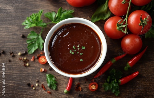 Rich tomato sauce surrounded by fresh tomatoes and herbs on a rustic wooden surface