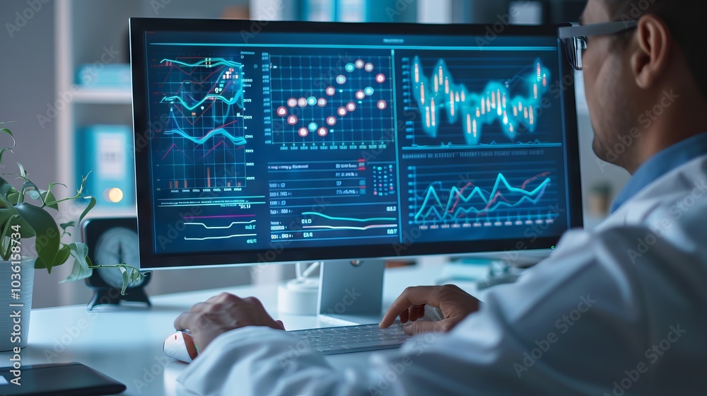 Fototapeta premium Scientist analyzing research results on a computer screen with multiple data charts. Concept of scientific research, data analysis, technology, and laboratory work