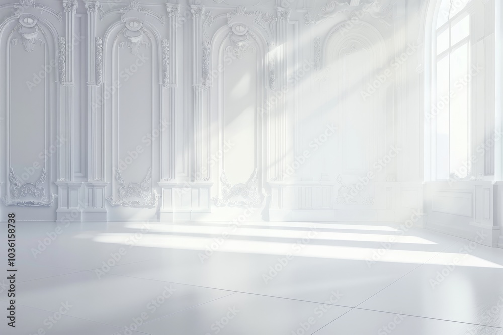 Sunlight streams through tall windows in an elegant, empty room with ornate details. Concept of tranquility and elegance. For interior design inspiration Sunlight streams through tall windows in an elegant, empty room with ornate details. Concept of tranquility and elegance. For interior design inspiration