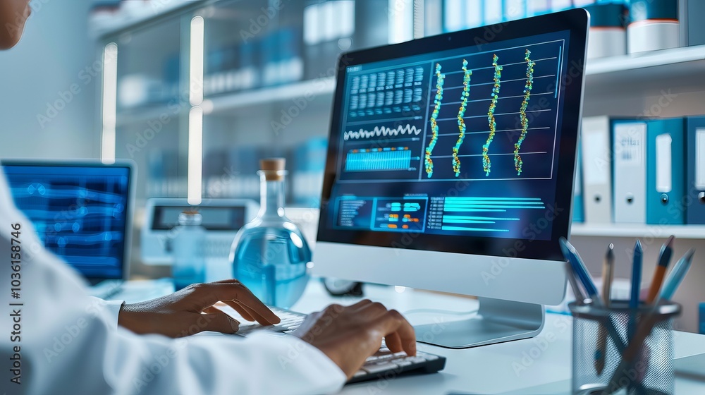 Scientist Analyzing Genetic Data on Computer in Modern Lab. Concept of Genetic Research, DNA Sequencing, Biotechnology, Scientific Innovation in Biomedical Field Scientist Analyzing Genetic Data on Computer in Modern Lab. Concept of Genetic Research, DNA Sequencing, Biotechnology, Scientific Innovation in Biomedical Field