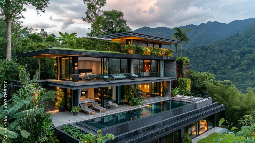 A luxurious modern house with a rooftop terrace, offering panoramic views of the scenic Thai countryside and vibrant agricultural fields A luxurious modern house with a rooftop terrace, offering panoramic views of the scenic Thai countryside and vibrant agricultural fields