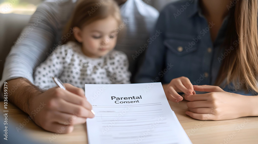 Parents signing parental consent form with child
Parents signing parental consent form with child