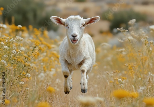A lively lamb joyfully running across a golden field under an overcast sky