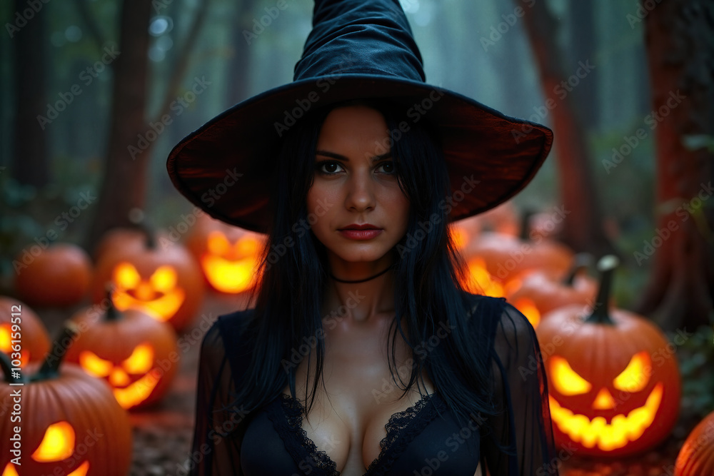 Witch in woods with pumpkin Witch in woods with pumpkin