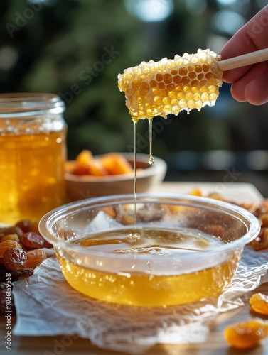 Enjoying fresh honeycomb and honey on a sunny day in the orchard with vibrant...