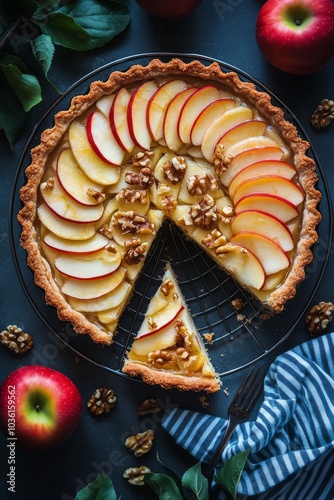 Delicious apple tart with walnuts and fresh apples on a black backdrop surrou...